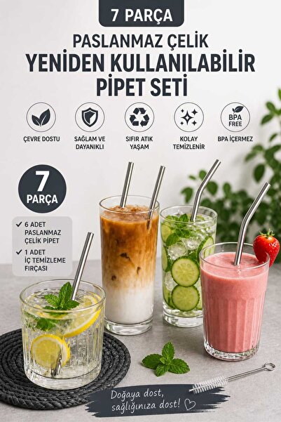 Herza House 7 Parça Paslanmaz Çelik Metal Meşrubat Pipet Seti ve Pipet Temizl...