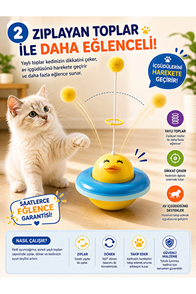 Morfi UFO Şekilli Ördek Kedi Oyuncağı Zıplayan Toplu 360° Dönen Akıllı Kedi O...