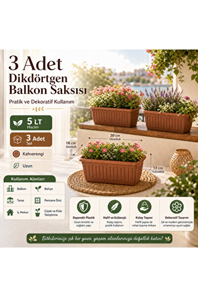 biedda 3 Adet 50 cm Balkon Saksısı 9.5 L Kahverengi Orta Boy Uzun Dikdörtgen ...