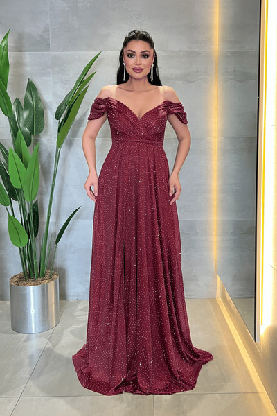 giyimmasalı Tulle Fabric Stone Detailed Evening Dress - Bordo