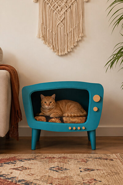 huncar Ahşap Retro TV Görünümlü Kedi Evi Turquoise – El İşçiliği Dekoratif Ke...