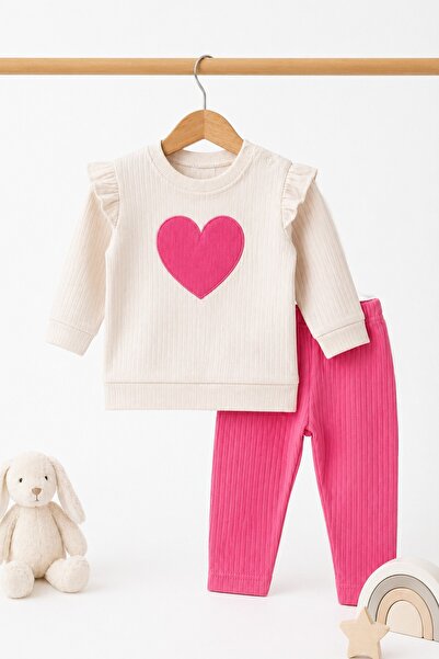 METEOR BABY Baby Girl Heart Patterned Double Set Cotton Top and Bottom Season...