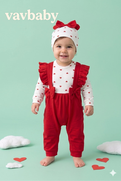 VaVbaby بدلة أطفال بناتي مزينة بفيونكة على شكل قلب مع كشكشة وقبعة صغيرة