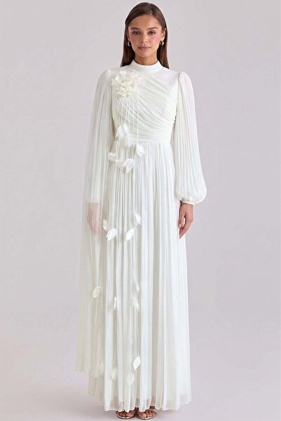 Olcay Brosche Detaillierter Umhang Yoryo Seiden-Hijab-Abendkleid WEISS 1256