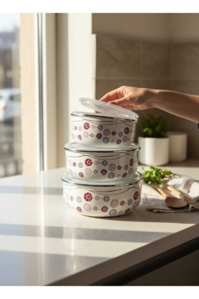 Emaye 3’lü Saklama Kabı Seti Kapaklı (14-16-18 cm) Çok Amaçlı Mutfak Kabı Desenli VRD-6026
