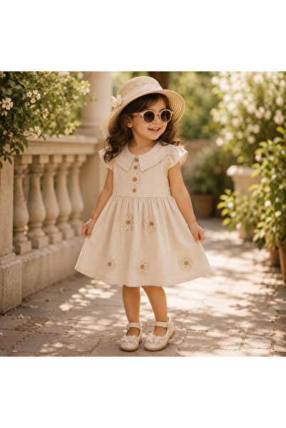 Bebelul Rochita eleganta fete bej cu flori decorative ebruly