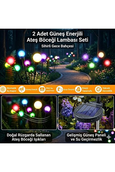 TeknoEser Solar Ateş Böceği Lambası 2'li Set - Çok Renkli Bahçe Aydınlatma De...