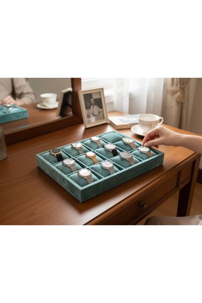 İmpala Kutu Watch and Jewelry Stand with 12 Compartments, Suede Fabric Coveri...