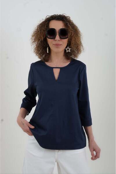 Zelish My Sister Navy blue collar cut out detailed mercerized combed cotton b...
