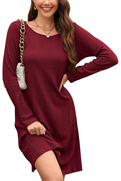 OEM Rochie tricotată casual bordo pentru femei, mâneci lungi, S