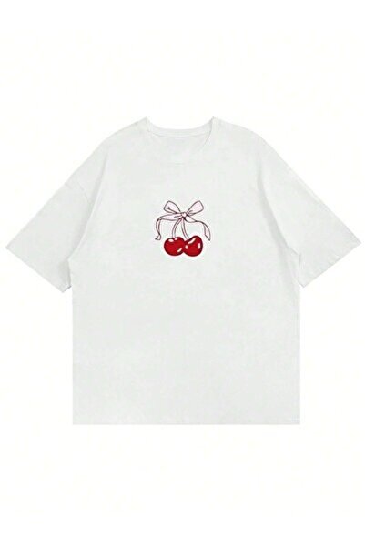 Sovae تي شيرت نسائي فضفاض برقبة دائرية وطبعة الكرز