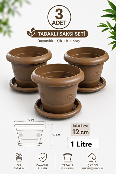 GÜZELYÜZ AVM 3 Adet Klasik Antik Saksı | Tabaklı Saksı Seti 1 Litre Kahvereng...