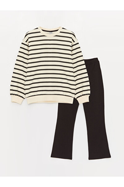 LC Waikiki Crew Neck Striped Girl's Sweatshirt and Tights