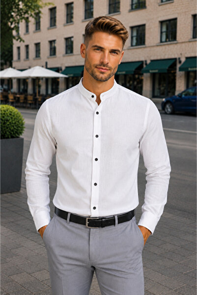 COLVIS MAN Men's Long Sleeve Slimfit Narrow Fit Linen Notched Collar Men's Shirt