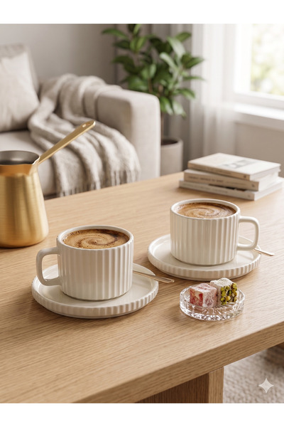Homerest 2-Person White Striped Porcelain Turkish Coffee Cup Set Modern Bohem...