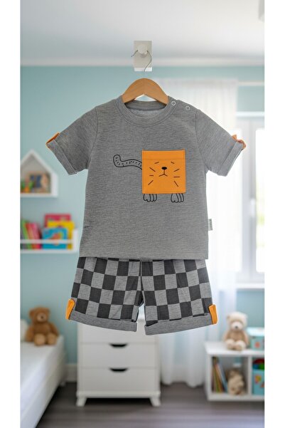 DOLCE KİDS Checkered Lion Printed Shorts Baby Boy Summer Two-Piece Set