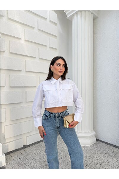 Myra Fashion Oversize Crop Gömlek Geniş Kesim Uzun Kol Bluz Kadın Trend Gömle...