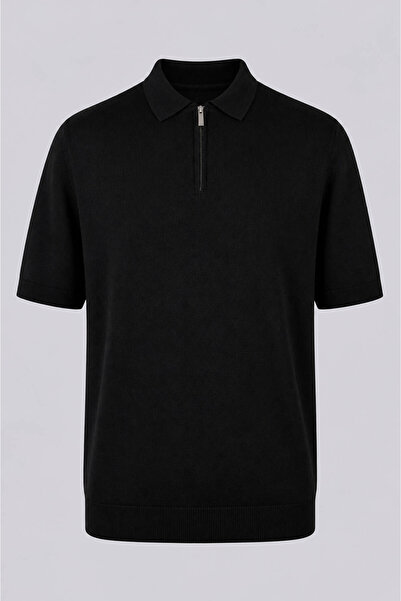 trender Plain Half Zipper Black Men's Polo Collar T-Shirt 16357-15965