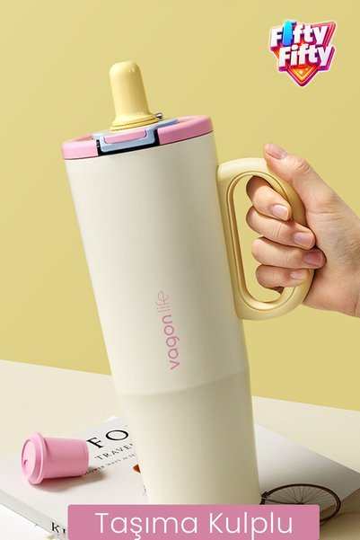 Vagonlife Tumbler 1200 ML Tek Kapak Çift Kullanım Pipetli Rahat İçim Kulplu Paslanmaz Çelik TermosFFVGN1114-12