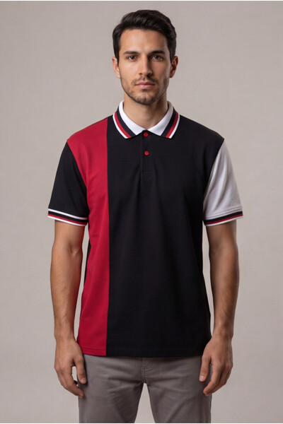 Tisho Erkek Polo Yaka T-Shirt Parçalı Siyah Kırmızı Beyaz %100 Pamuk Pike Kumaş