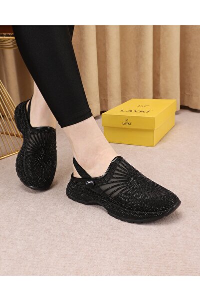 layki Selya Black Colored Stone Patterned Orthopedic Sole Summer Luxury Sandals