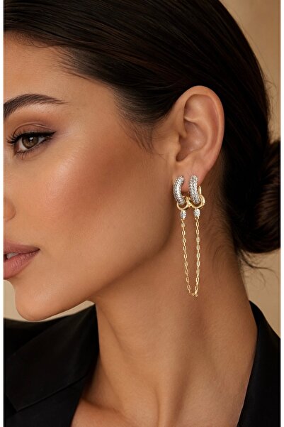 OZY COLLECTION 2'li arası zincirli taşlı küpe - ayrı da kullanılanilir özellikte