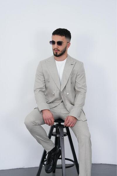 Dupont Slim Fit Erkek Sivri Yaka Çizgili Kruvaze Takım Elbise