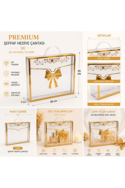 eğlencemarketi Gold Detaylı Şeffaf Hediye Çantası 30x25x5 cm Premium Asetat P...