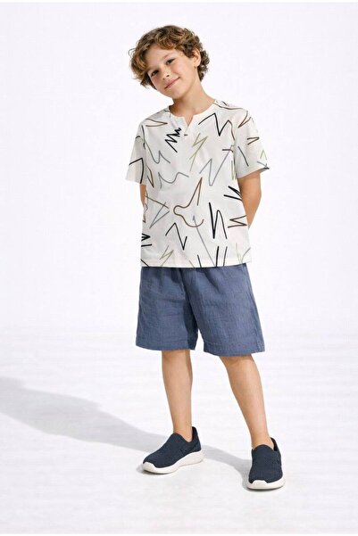 SÜSLÜ KİDS Boy's Printed Linen/Muslin Fabric Shorts Set