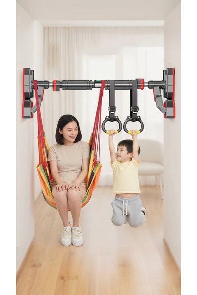 Generic Exercise Pole with Sports Rings and Fabric Baby Swing - Adjustable Length between (70cm to 100cm) - Suitable for Secure Attachment to Doors, Entrances, and Hallways - Suitable for Daily Sports Activities.
