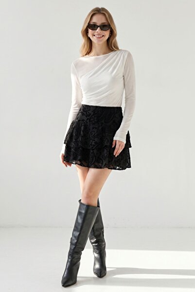 bacc Black Lace Detailed Mini Tulle Skirt with Shorts