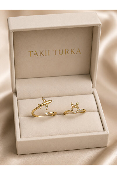 TAKII TURKA 316L Paslanmaz Çelik Gold Uçak ve Tavşan Figürlü Zirkon Taşlı Aya...