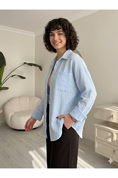 Royteks Fashion Kadın Müslin Kumaş Oversize Tek Cepli Şık Gömlek