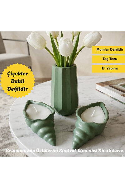Nigistore 3 Parça Yeşil Dekoratif Bohem Set ( Vazo ve 2 Adet İstiridye Mum ) ...