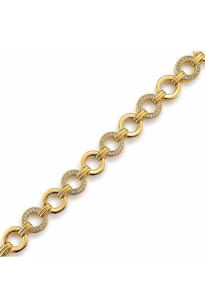 Zeino Pave Kilitli Zirkon Taşlı Oval Zincir Bileklik - 14k Altın Kaplama - 19 cm