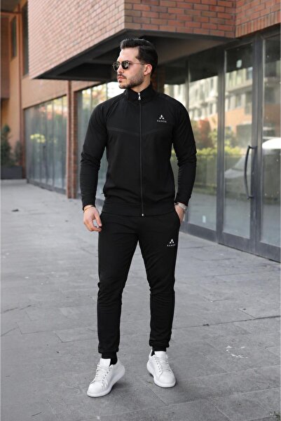KANOX Slim Fit Dalgıç Kumaş Fermuarlı Erkek Eşofman Takımı V Baskılı