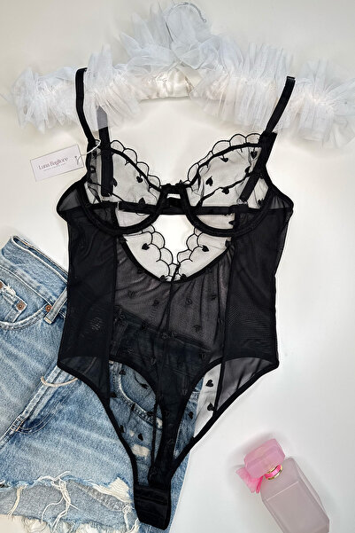 Luna Bagliore Mini Kalp Desenli Tül Detaylı Balenli Bodysuit
