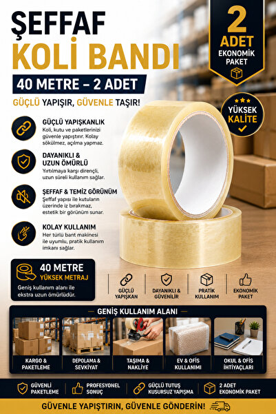 ANI OFİS KIRTASİYE A K Şeffaf Koli Bandı 40 Metre – Güçlü Yapışkanlı 2’li Eko...