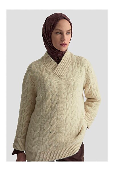 LC Waikiki Nevavm Hair Braid Patterned Sweater 25Kd6002 Beige