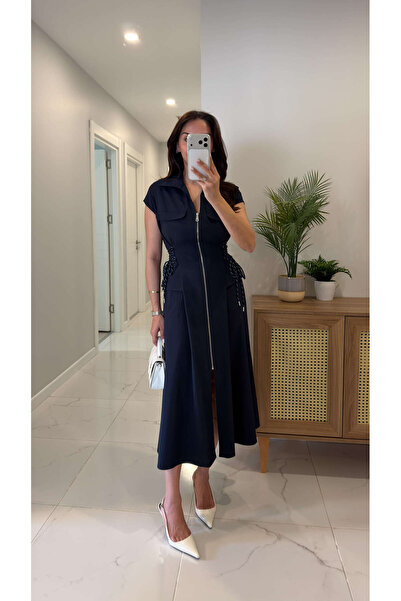 BİRCANÇİL Rochie midi Samidros bleumarin cu legătură în talie laterală