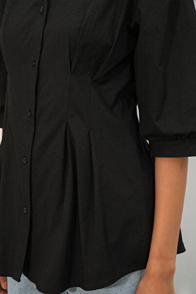 Generic Brand Women's Waist-Slit Pleated Detail Black Shirt