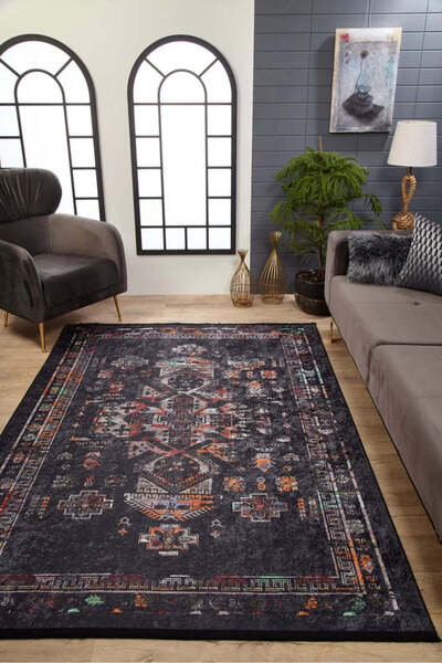halinet Halı.Net Anthracite Modern Washable Non-Slip Living Room Carpet Haln-...