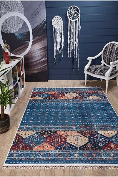 halinet Halı.Net Blue Ethnic Bohemian Washable Non-Slip Living Room Carpet Ha...