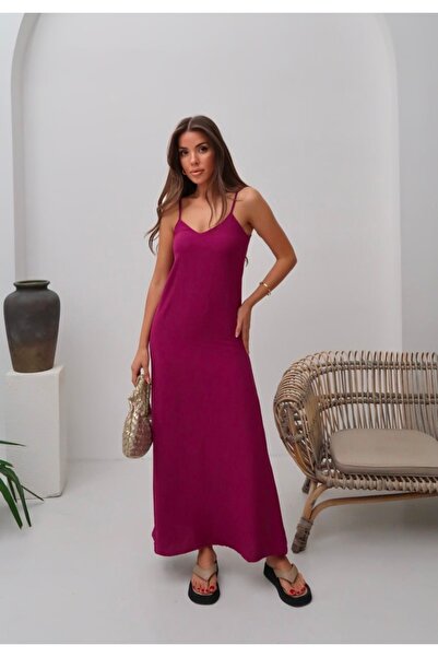 Butik Açık Mor Ayrobin Kumaş Ayarlanabilir Askılı Maxi Elbise(bir beden büyük...