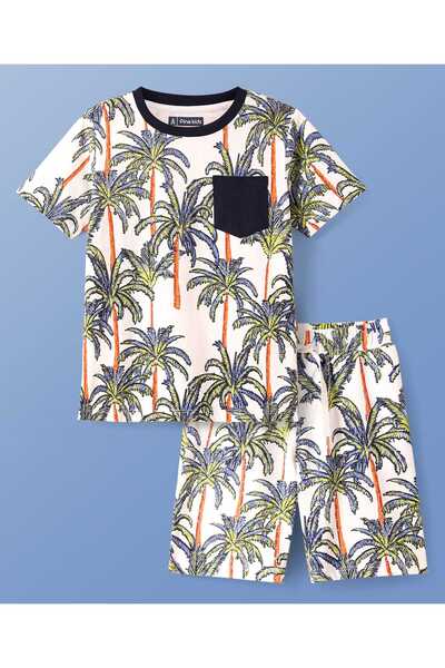 Pine kids T-Shirt and Shorts Set with Tropical Print - White