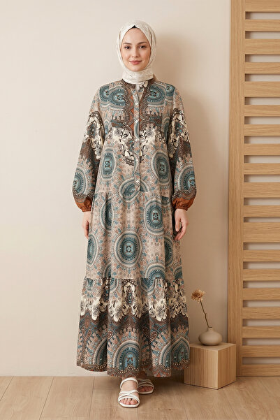 FERHEL Stand-Up V-Neck Front Half Placket Buttoned Patterned Viscose Dress - ...