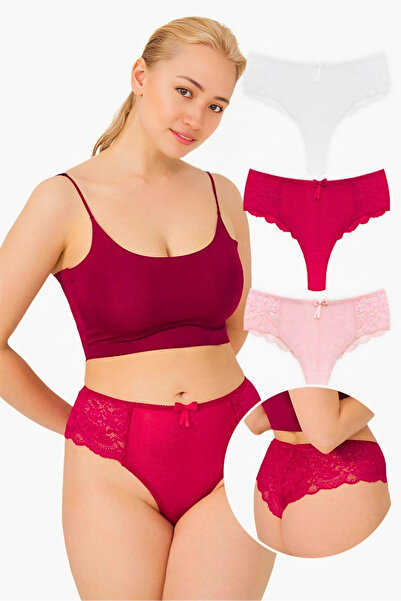 Homay 3-Pack Large Size Brazilian Panties with Tulle Detail on the Front and ...