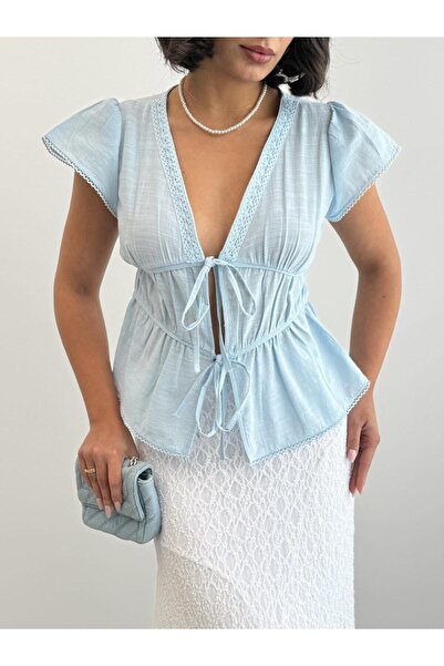 CrepTekstil Crep Women's Lace Detailed Tie-Up Cotton Blouse Flounce Sleeve V-...