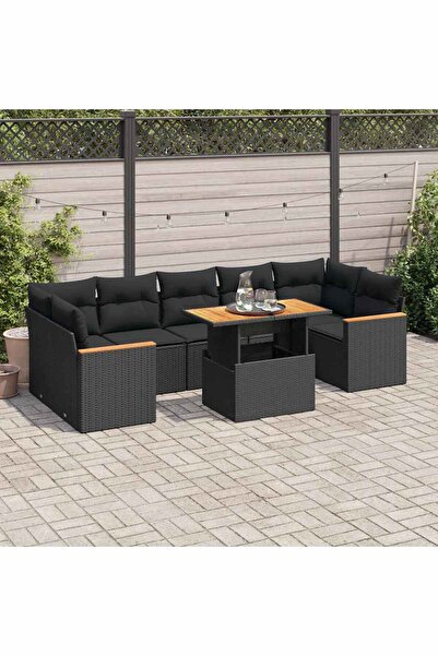 vidaxl Set mobilier gradina perne 8 piese negru, poliratan/lemn acacia