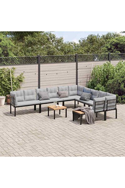 vidaxl Set canapea de gradina, 7 piese, cu perne, negru, otel vopsit